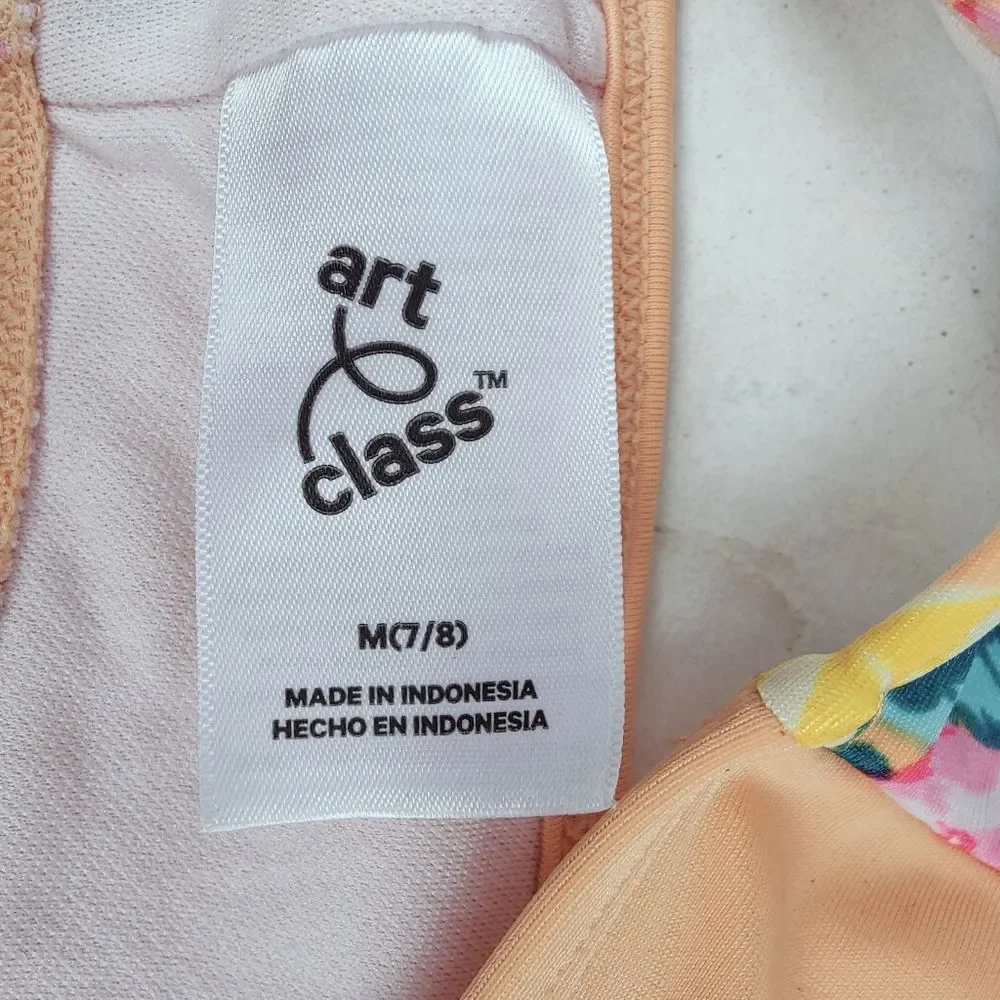 Art Class Girls' Orange Tropical Hawaiian Print Bikini Top, Sz M (7/8)